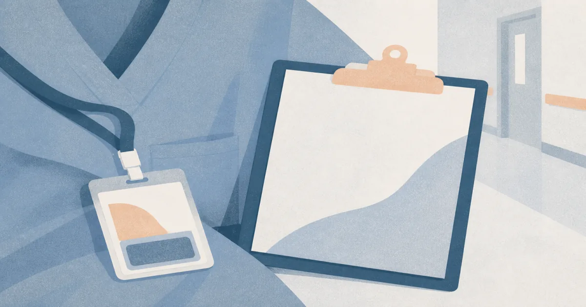 Medical student badge and ward clipboard silhouette suggesting an acting internship month