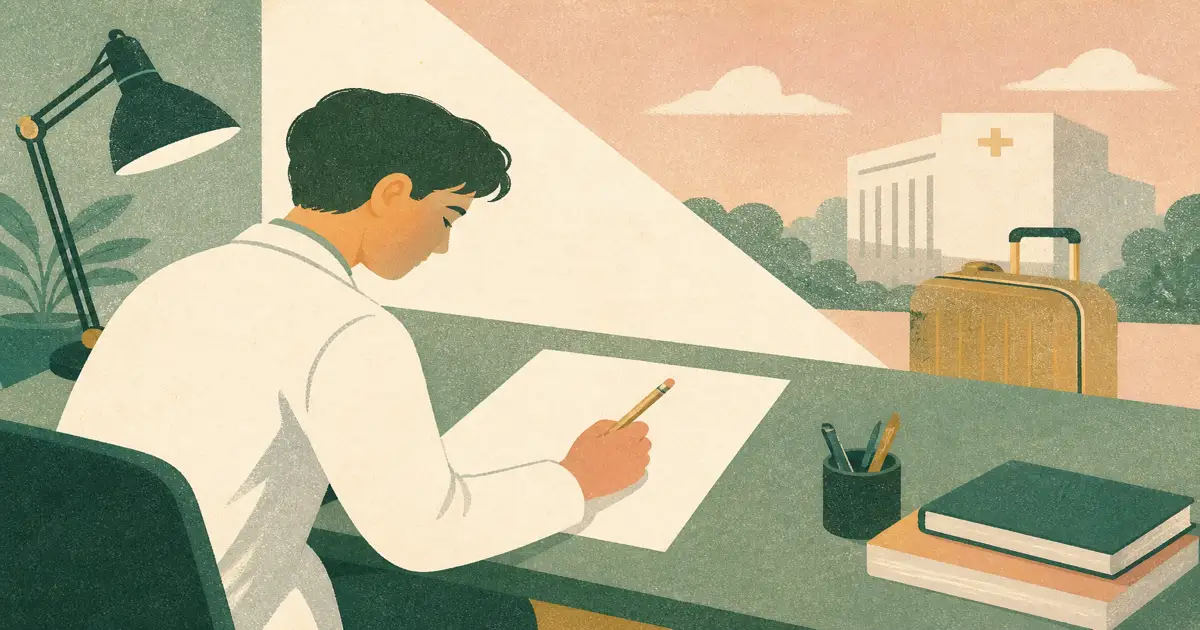 Medical student drafting a short away rotation personal statement beside a blank checklist