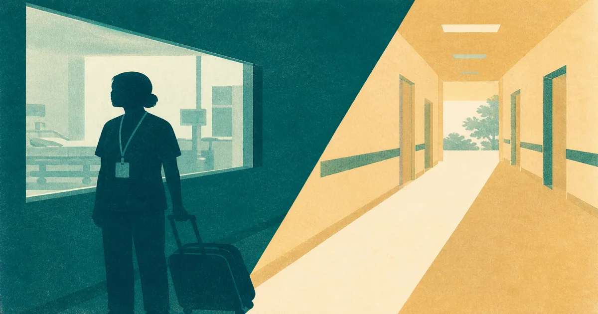 Medical student walking through an unfamiliar hospital corridor during an away rotation