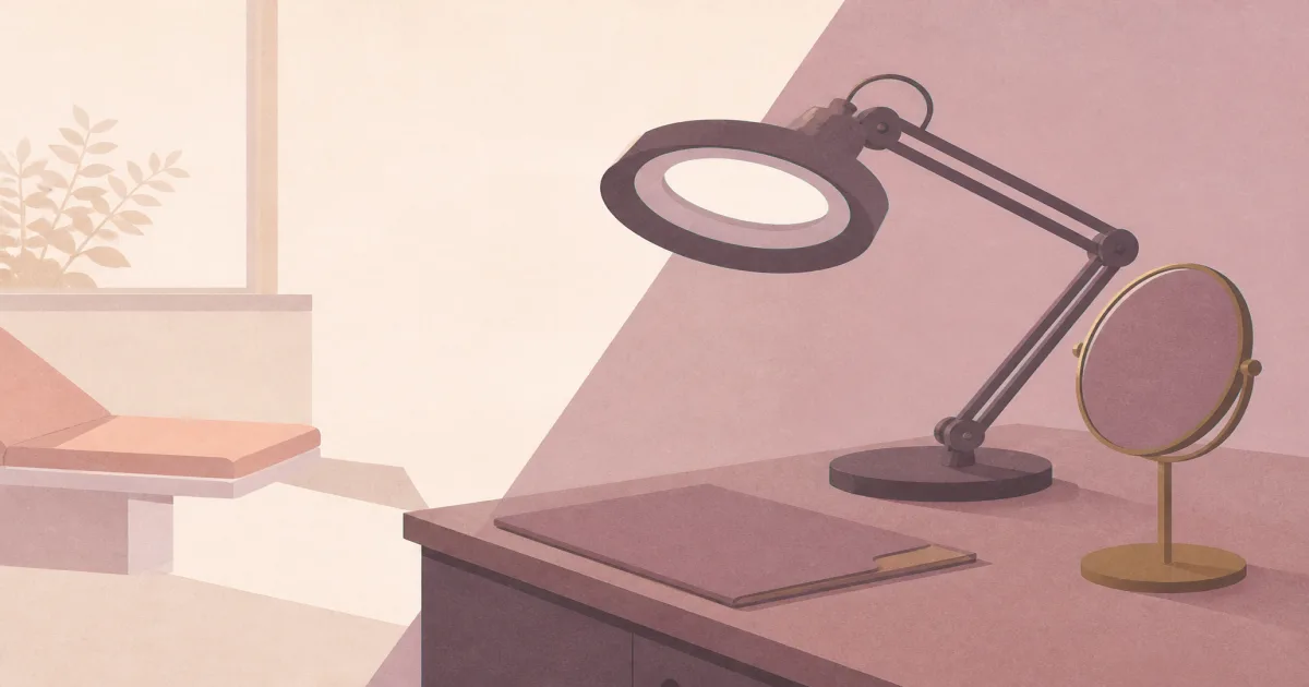 Quiet dermatology clinic desk with magnifying lamp silhouette suggesting residency training