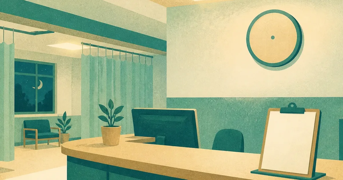 Calm emergency department intake desk and triage clock silhouette suggesting emergency medicine residency training