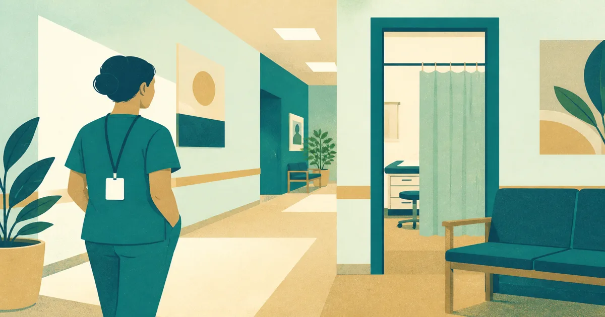 Calm clinic corridor and exam-room silhouette suggesting family medicine residency training