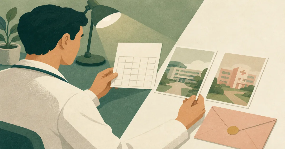 Junior doctor comparing preliminary year hospital pathway options and an application calendar