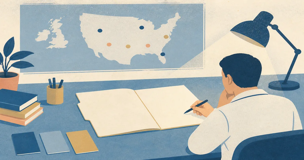 Medical student comparing residency program options at a research desk
