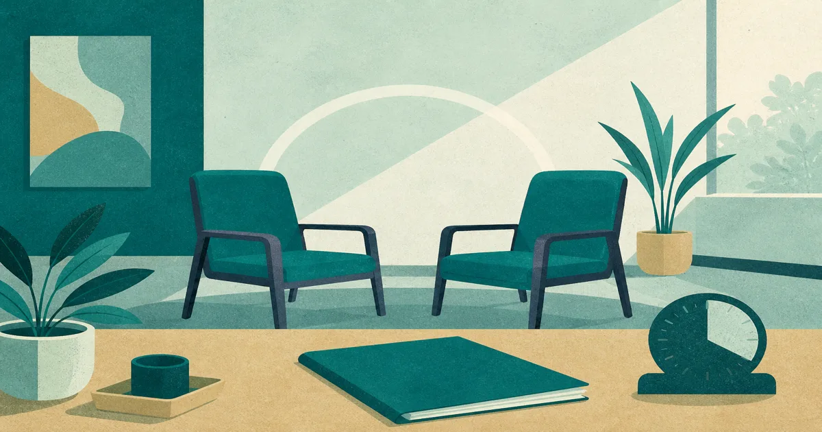 Risograph illustration of a residency interview prep room with two chairs and a closed folder