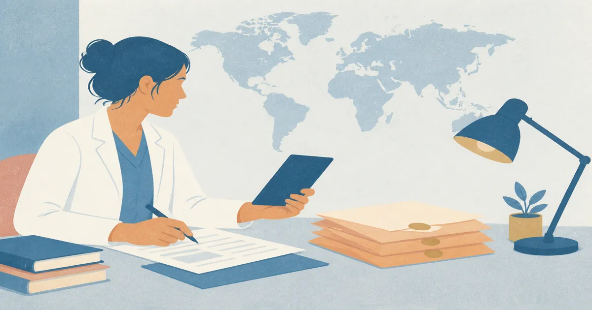 International medical graduate reviewing US residency application documents at a desk