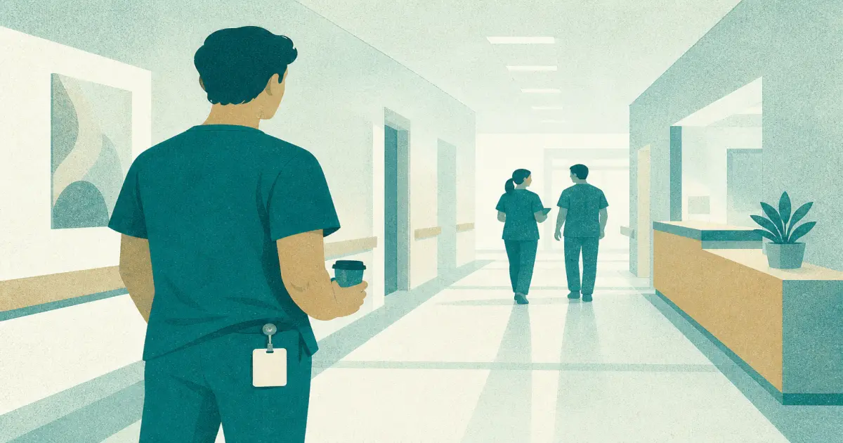 First-year resident reviewing patient notes during an early morning hospital shift