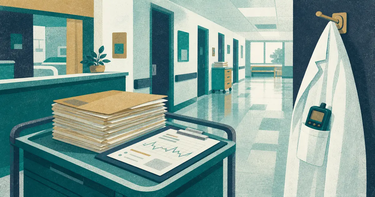 Internal medicine resident reviewing a patient chart on hospital rounds