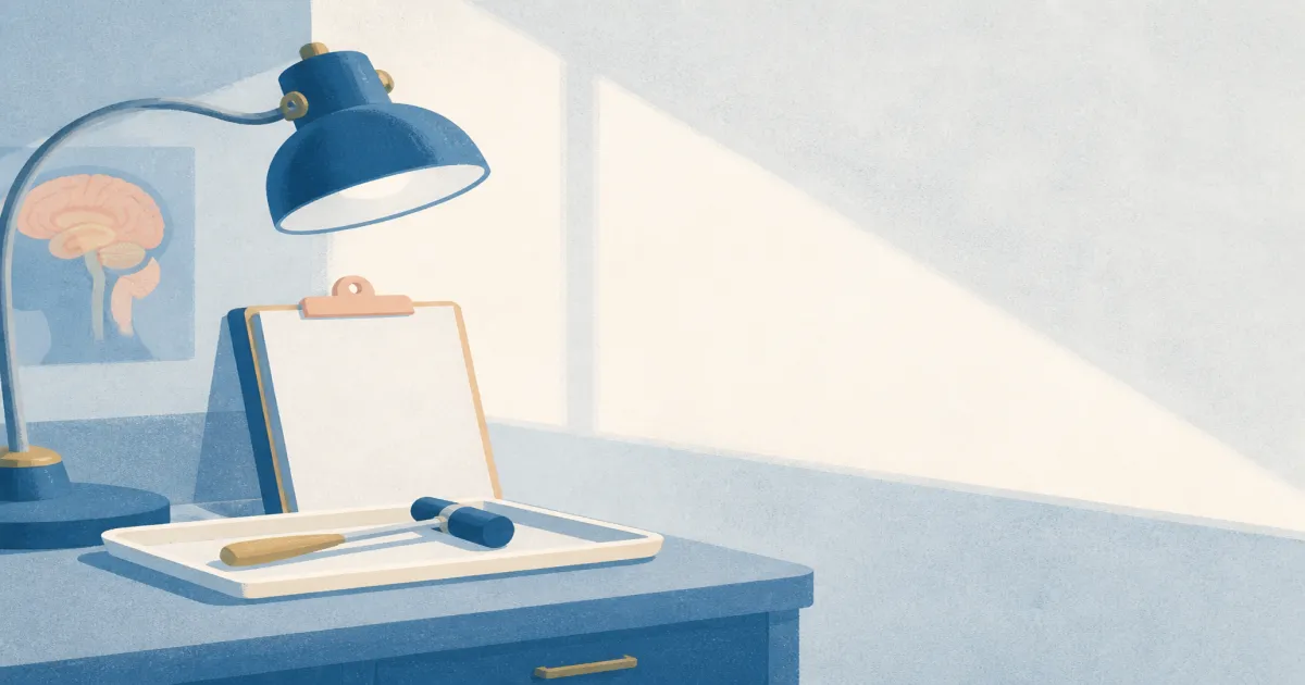 Calm neurology clinic silhouette with exam light and reflex hammer suggesting neurology residency