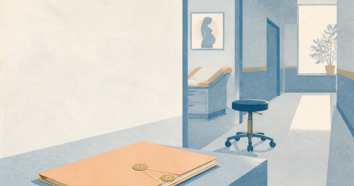 Quiet clinic corridor with prenatal chart folder silhouette suggesting OBGYN residency