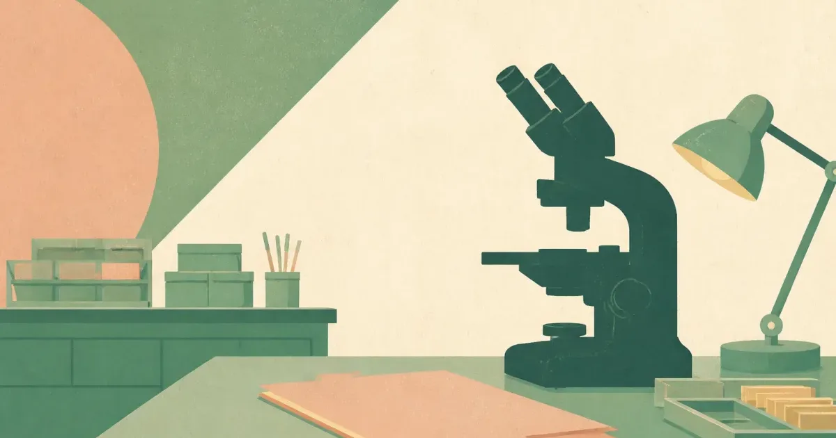 Quiet pathology bench with microscope silhouette suggesting residency training