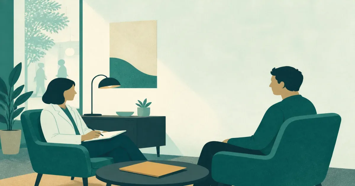 Calm outpatient consultation room silhouette suggesting psychiatry residency training