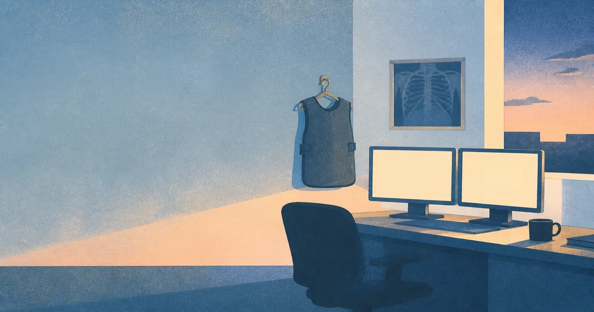 Quiet reading-room silhouette with imaging workstation glow suggesting radiology residency