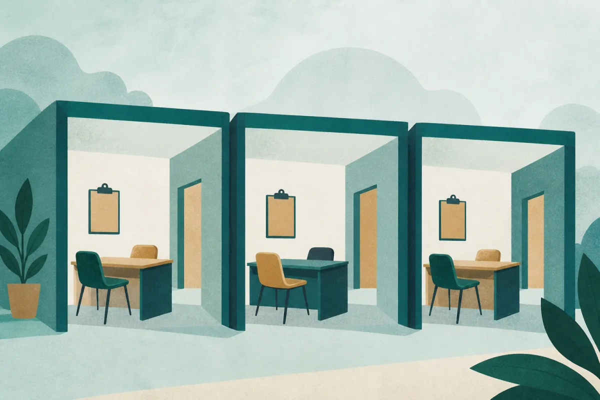 Diagram-style illustration of multiple short interview stations in a residency MMI format