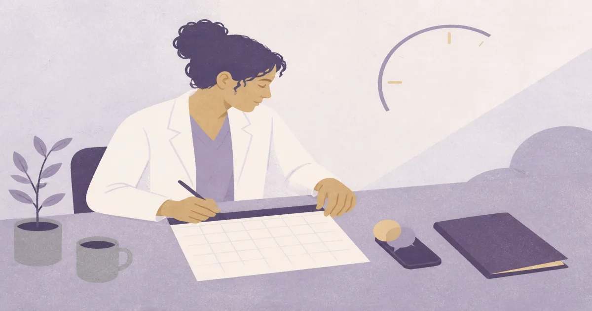 Medical student organizing a residency interview calendar at a desk