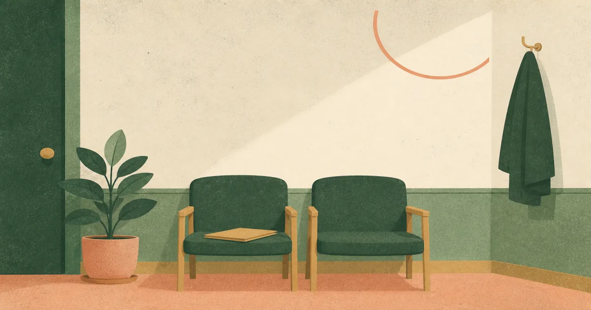 Quiet interview waiting room with two chairs and a closed folder
