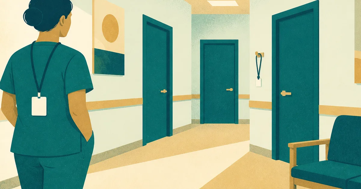 Hospital corridor with several doors suggesting the rotating specialties of a transitional year residency