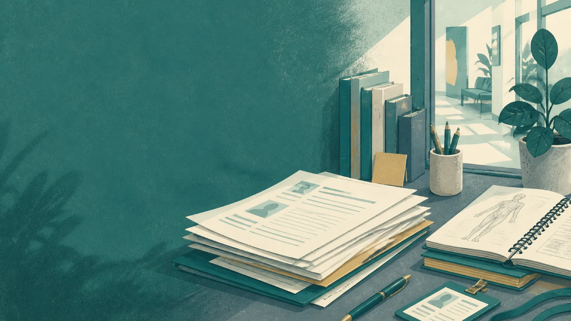 Medical career application materials on a desk beside a bright clinical corridor